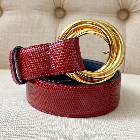 Salvatore Ferragamo Red  Snakeskin Leather Belt with Gold-Tone Trinity Buckle - Picture 1 of 9